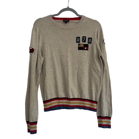 Diesel Sweaters - Diesel Patchwork Crewneck Sweater M Oatmeal Striped Trim Wool Blend Retro